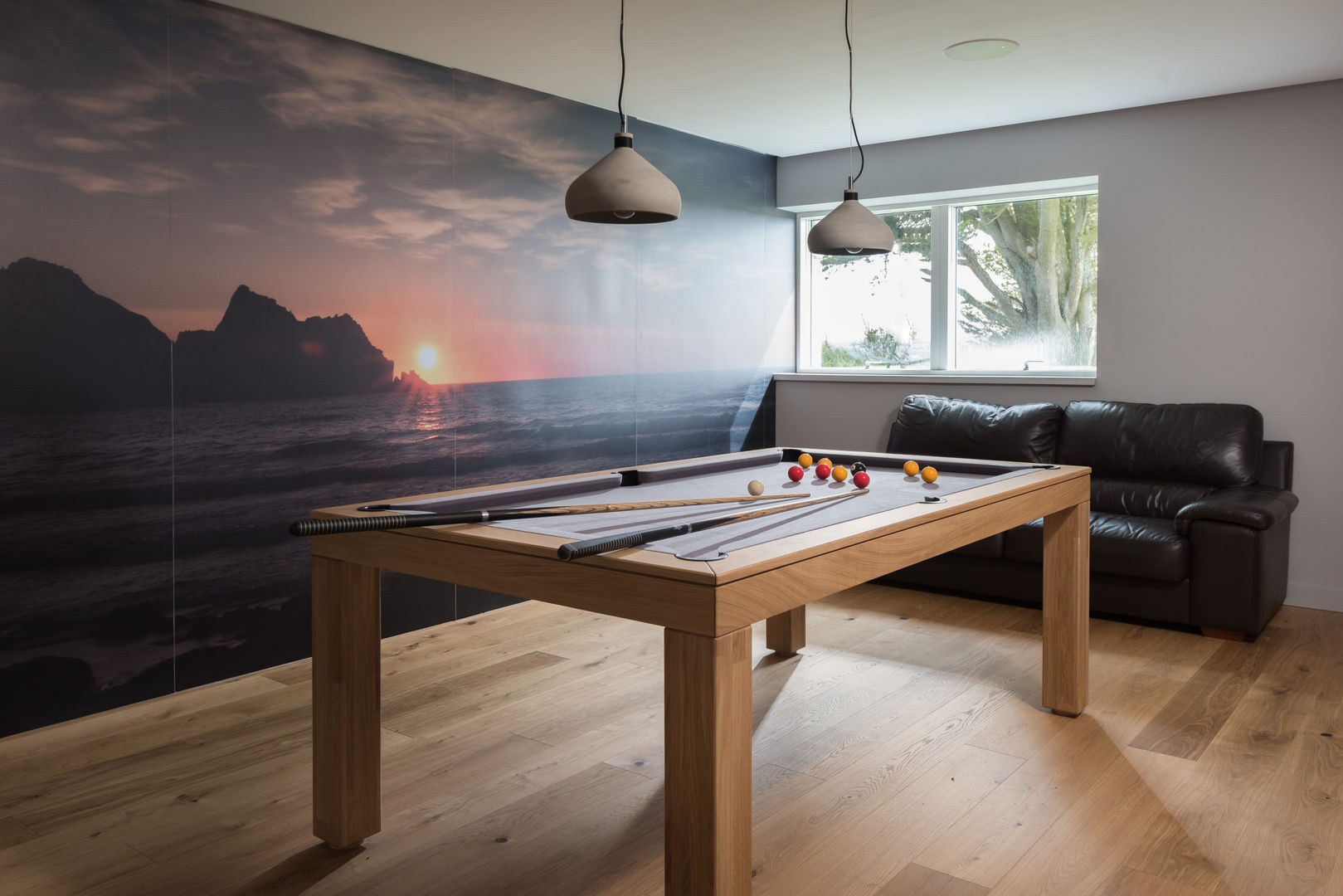 Contemporary Replacement Dwelling, Cubert, Laurence Associates Laurence Associates Moderne mediakamers pool table,pool table lights,games room,play room,children,adults,wallpaper,sunset wallpaper,cosy sofa