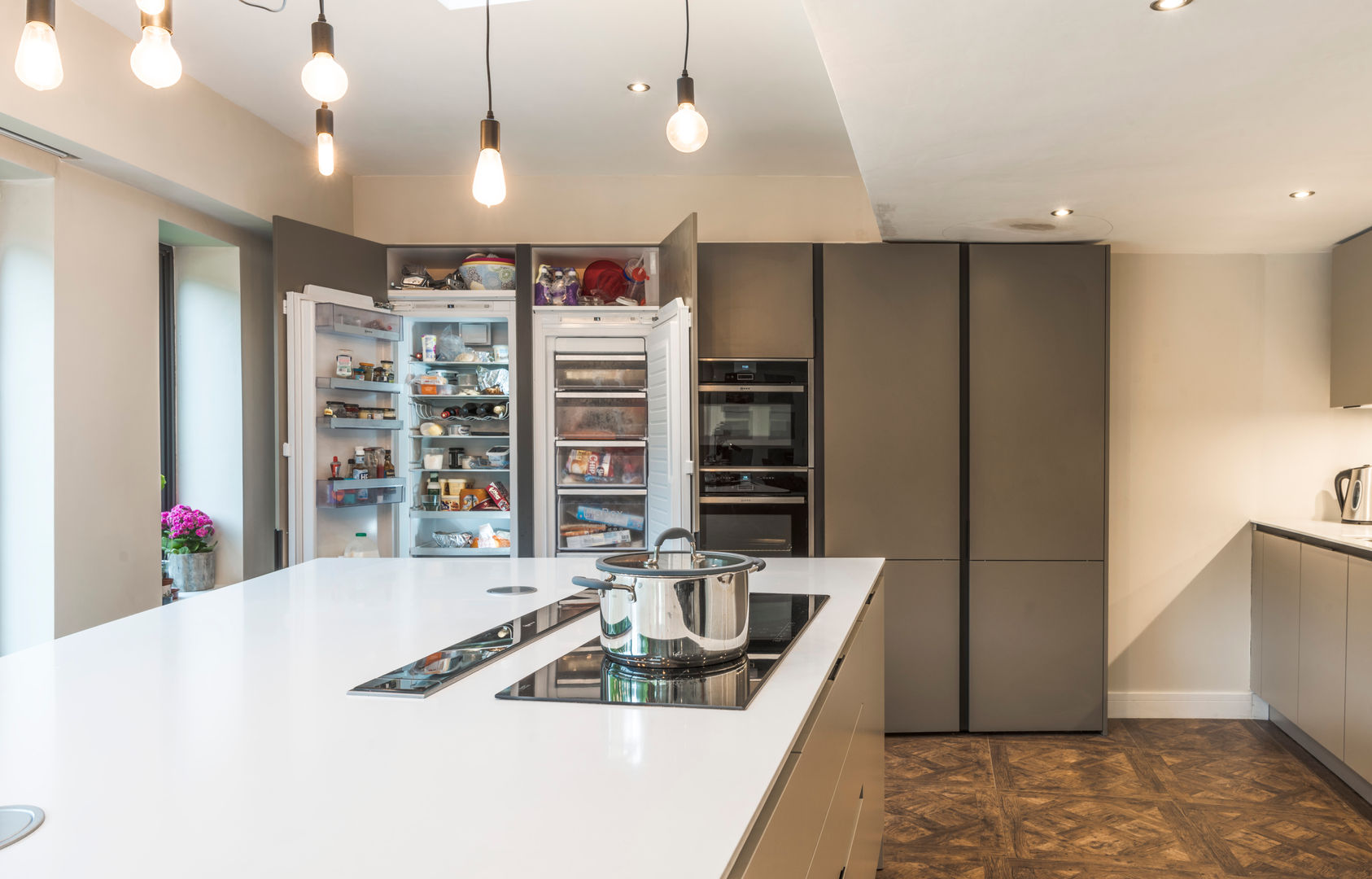 Fridge, Freezer, and Ovens housed in tall units John Gauld Photography Kitchen units Fridge,Freezer,Built-in ovens,hob