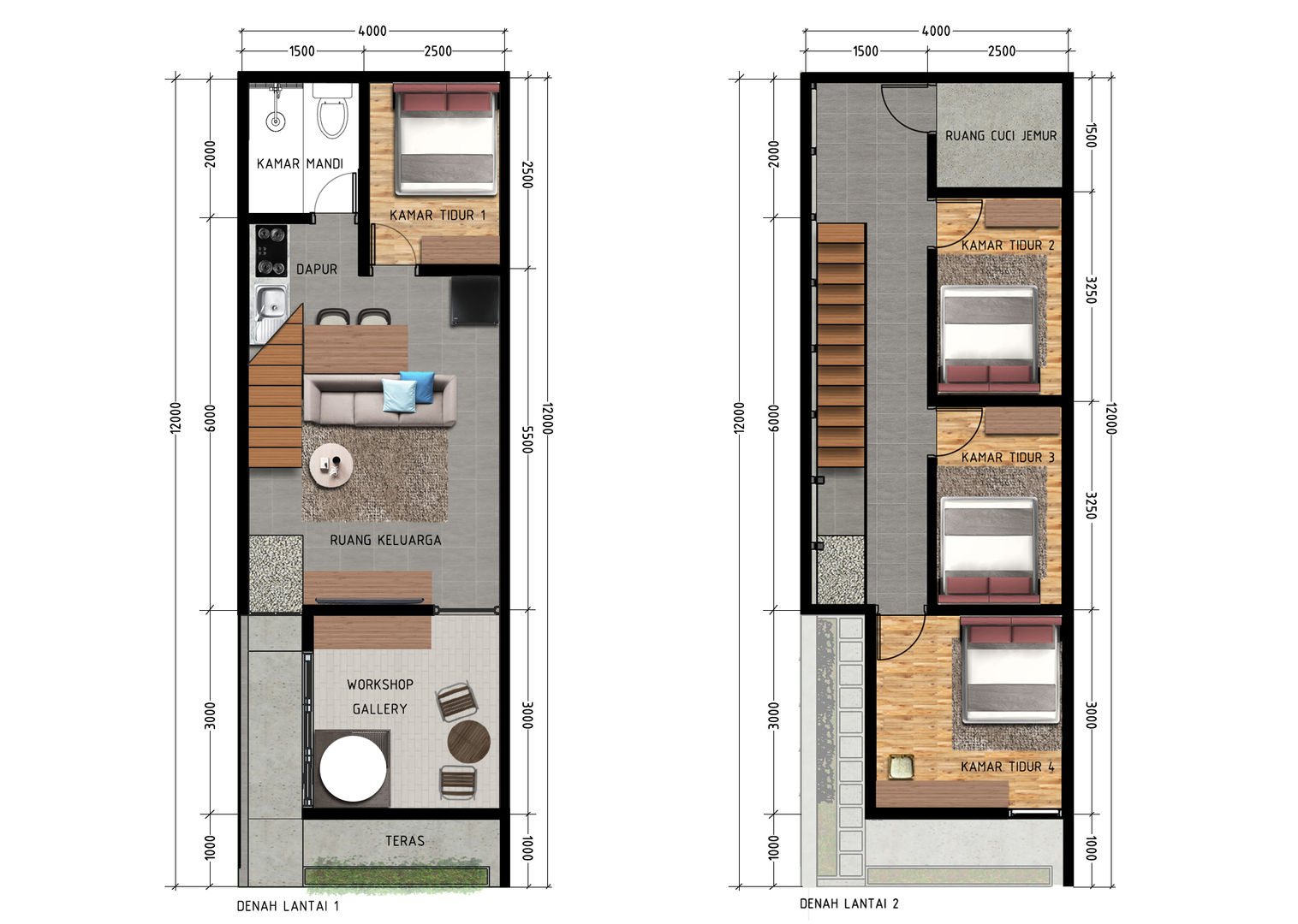 Denah lantai 1 & 2 SODA Indonesia Rumah tinggal Kayu Lapis Denah