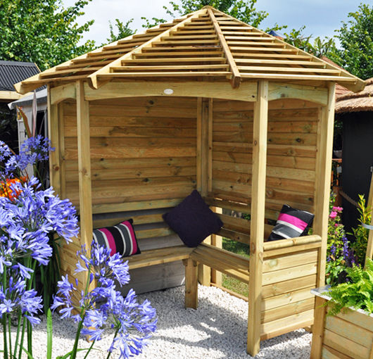 The arbour featured in the Hampton Court Flower Show Wonkee Donkee Forest Garden حديقة خشب Wood effect arbour,seating area,Venetian arbour,corner arbour,Greenhouses & pavilions