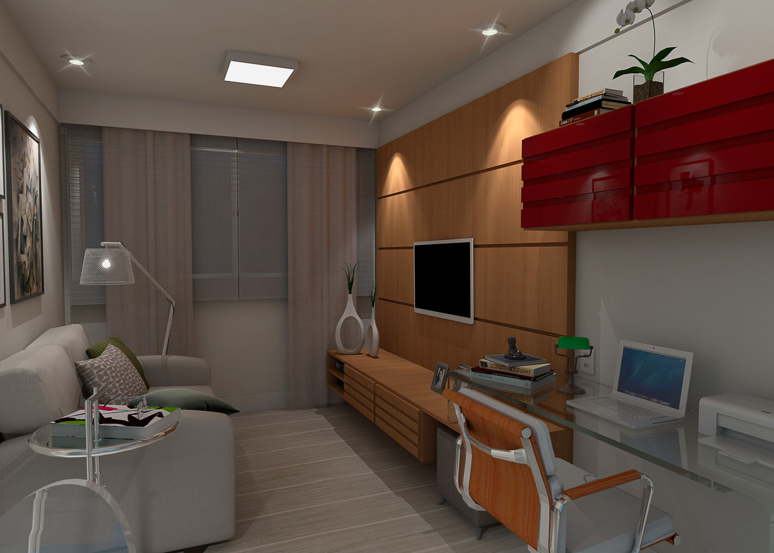 Sala de estar integrada com home office, Jéssika Martins Design de Interiores Jéssika Martins Design de Interiores غرفة المعيشة