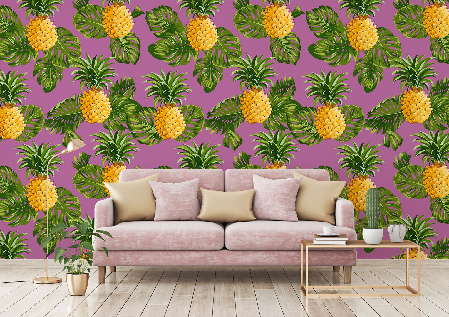 HYPNOTIC PINEAPPLES Pixers トロピカルデザインの リビング Pixers,pink,pineapple,wallmural,wallpaper,tropical