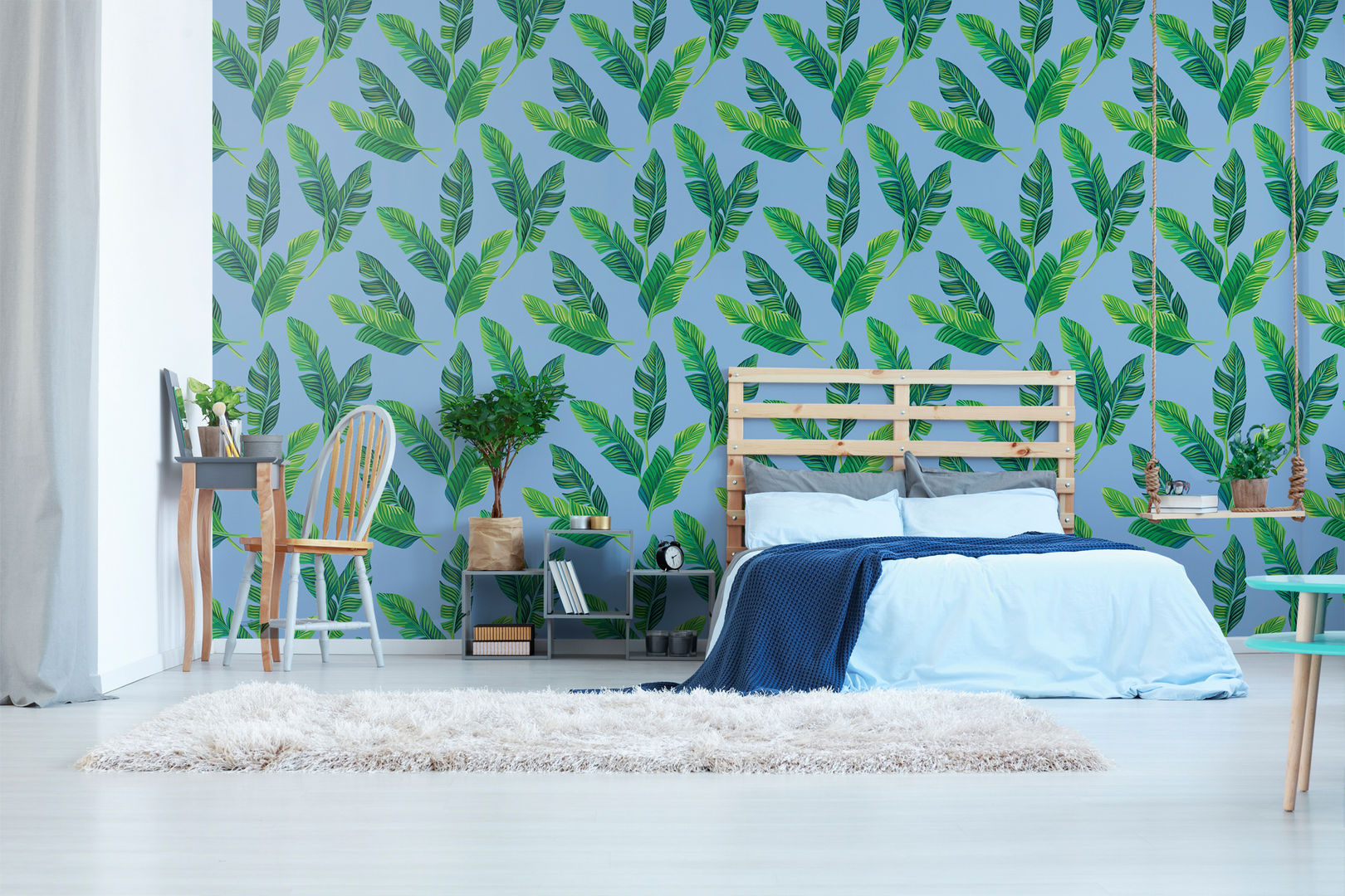 BEDROOM IN THE SHADE OF LEAVES Pixers غرفة نوم Pixers,bedroom,pineapple,tropical,wallmural,wallpaper