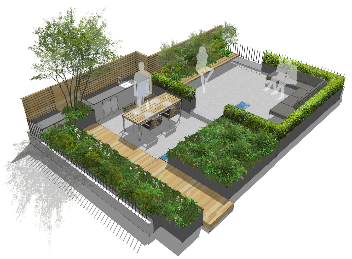 Creffield House London Aralia ルーフバルコニー 木 木目調 rooftop terrace,rooftop garden,urban garden,green wall,living wall,outdoor furniture,garden furniture,BBQ,outdoor kitchen,outdoor oven,contemporary