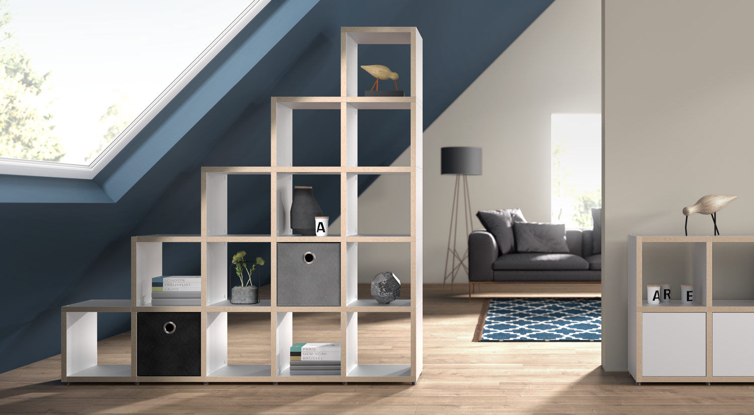 BOON—Cube Storage Units - Stepped Shelves homify Scandinavian style living room steppedshelves,bookcase,roomdivider