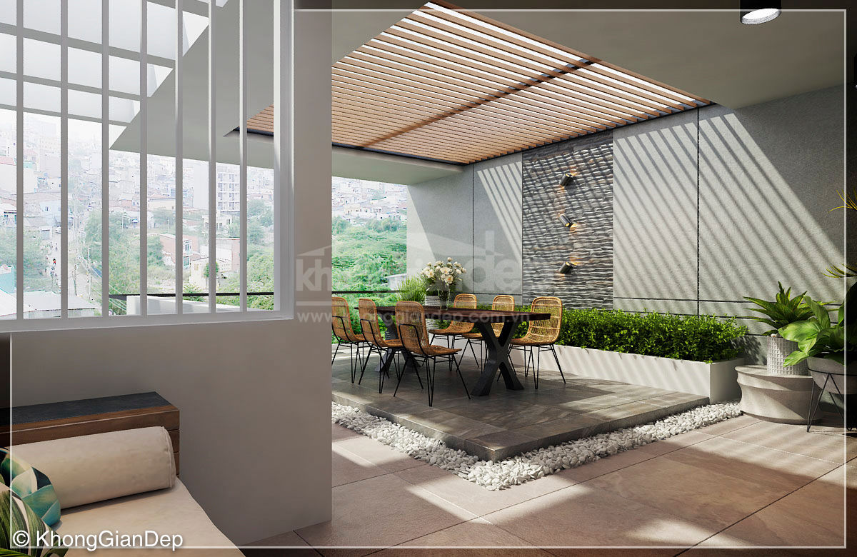 Thiết kế nhà phố Đồng Nai: Gần gũi thiên nhiên với không gian xanh, Công ty cổ phần đầu tư xây dựng Không Gian Đẹp Công ty cổ phần đầu tư xây dựng Không Gian Đẹp Varandas, alpendres e terraços modernos