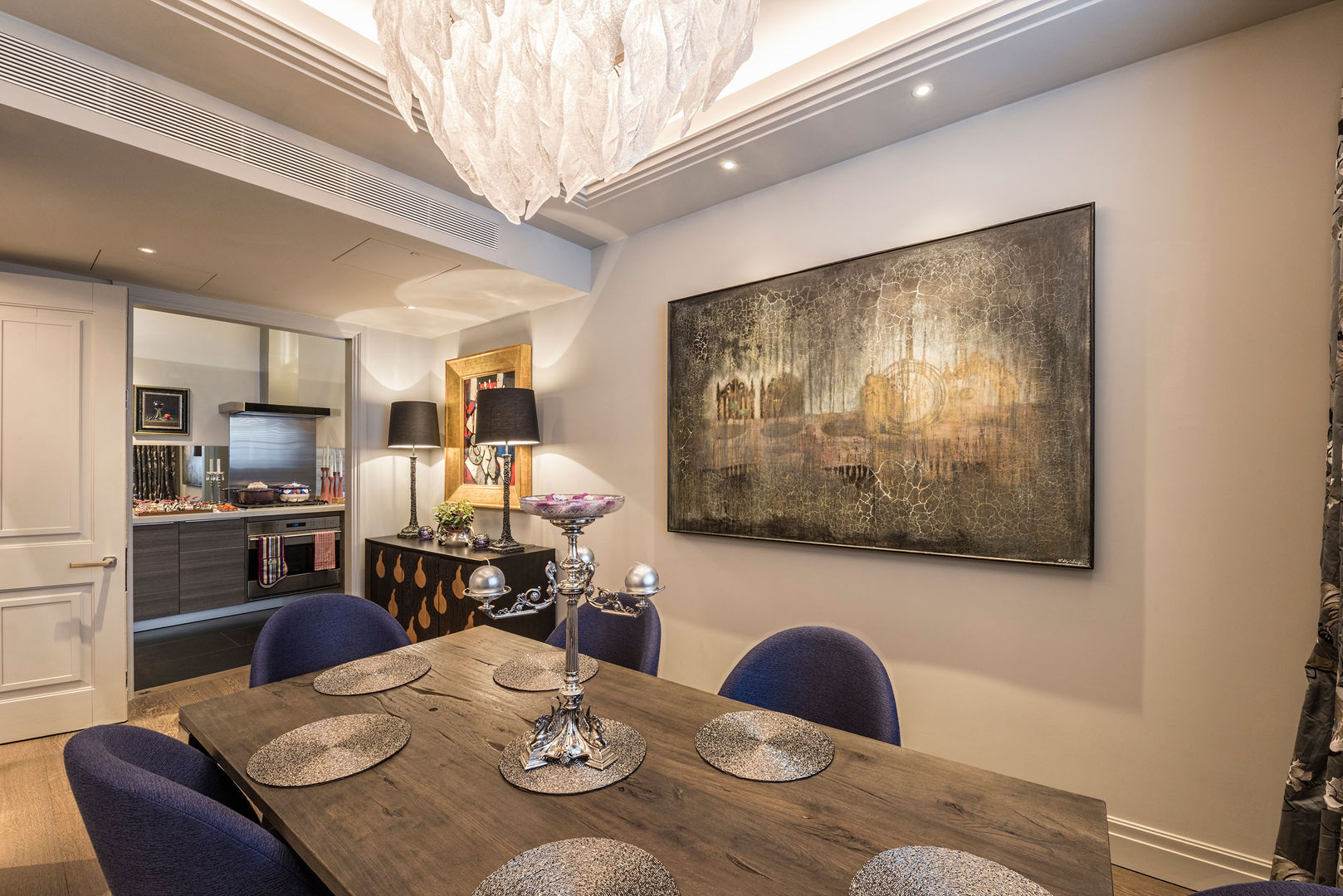 Dining Room RBD Architecture & Interiors Classic style dining room chandelier,glass chandelier,dining room,coffer ceiling,kitchen diner