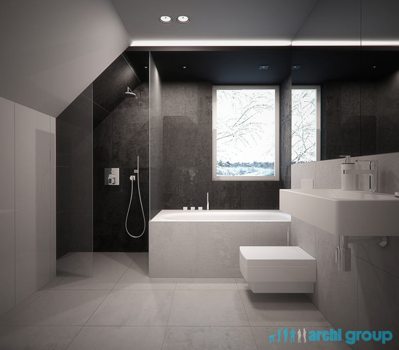 Projekt wnętrza łazienki na poddaszu w Piekarach Śląskich, Archi group Adam Kuropatwa Archi group Adam Kuropatwa Modern bathroom