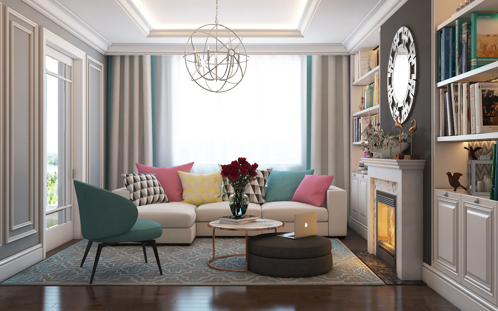 France Kvartal Space Options Ruang Keluarga Gaya Eklektik interior,interior design,space options,boconcept,living room,interior foto ideas,best interior,colorful apartments,fireplace,mirrored wall,grey wall,curtain design