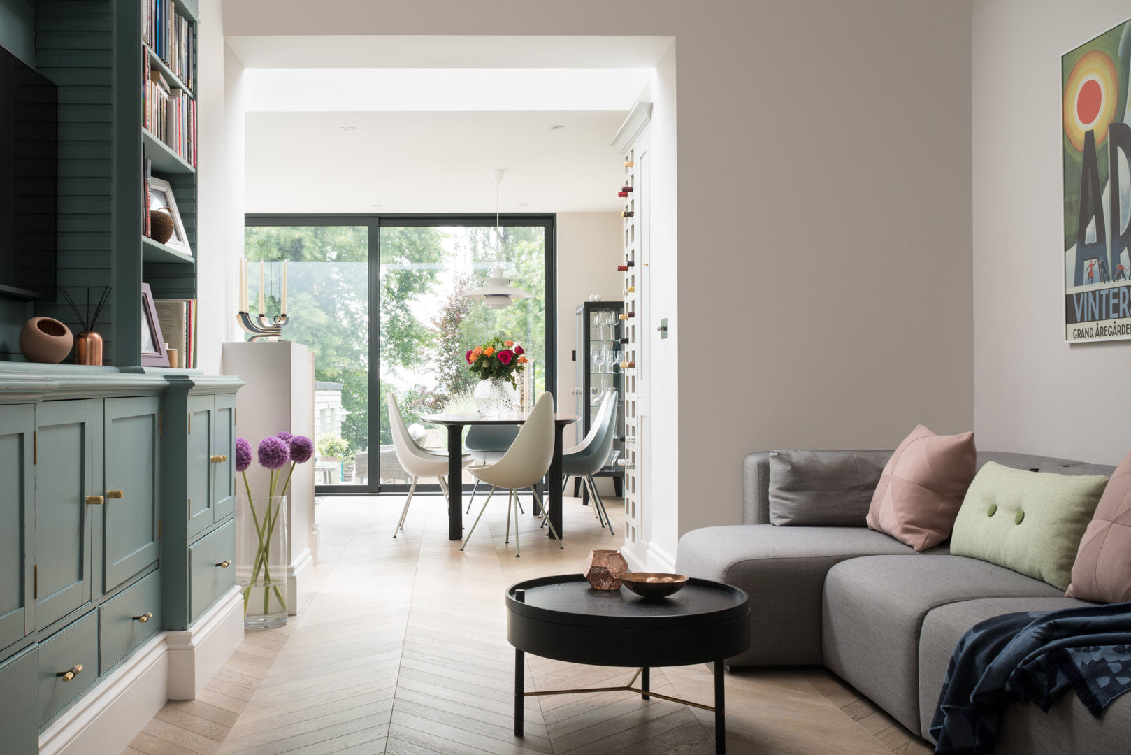 Swedish Elegance - Residential redecoration SWM Interiors & Sourcing Ltd Living room Wood Wood effect wood flooring,modular furniture,danish,dining chair,coffee table,grey sofa,parquet