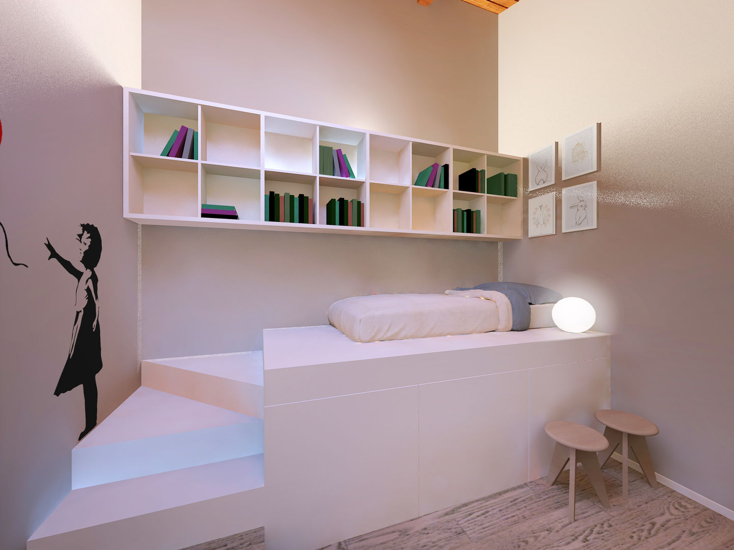 Una camera da letto con un letto e una libreria con sopra un