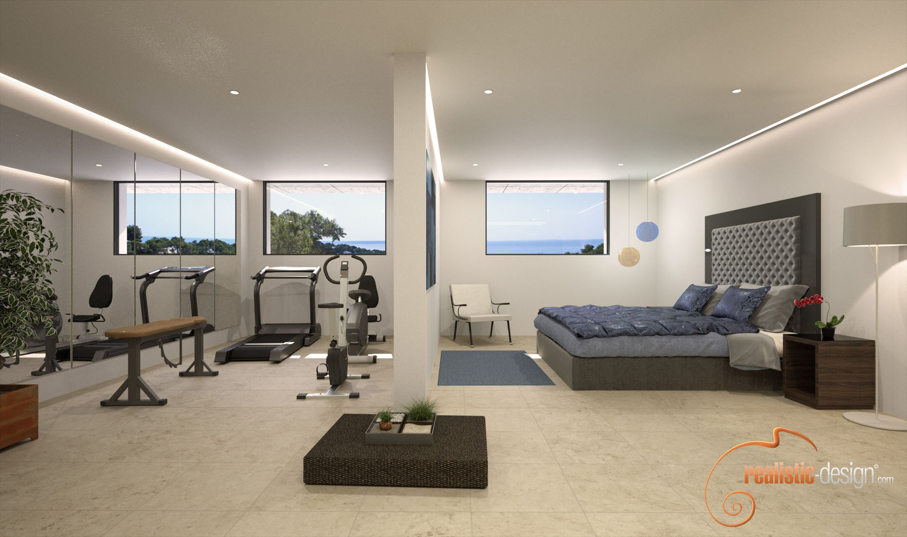 Proyectos 3D de spas, gimnasios y bañeras de hidromasaje, Realistic-design Realistic-design 모던스타일 피트니스 룸