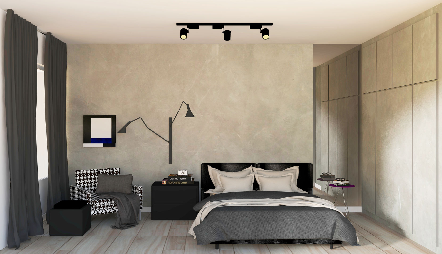 3D Quarto NY - Por Patrícia Nobre , Patrícia Nobre - Arquitetura de Interiores Patrícia Nobre - Arquitetura de Interiores Dormitorios modernos Concreto