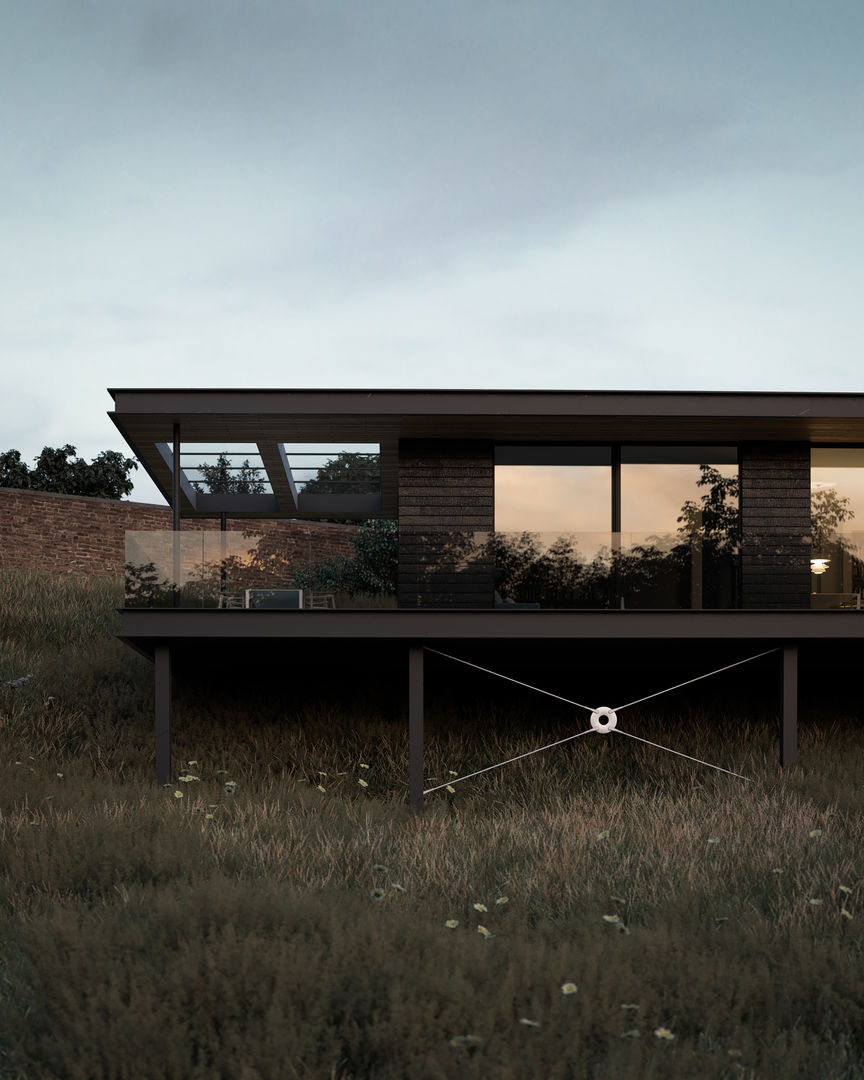 Floating house sitting within the landscape homify Single family home ayrshire,contemporary,floating,glass,house,new house,scotland,stilts,timber,uk,walled garden