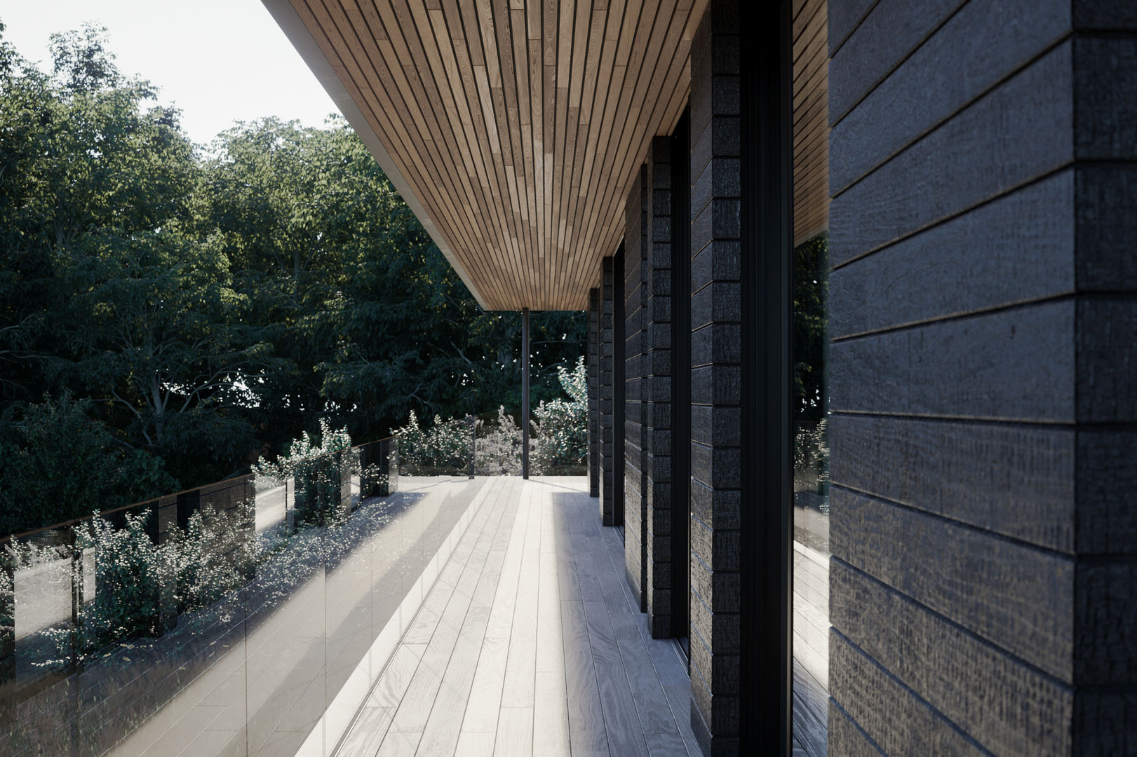 Covered terrace walkway deck homify Single family home ayrshire,contemporary,floating,glass,house,new house,scotland,stilts,timber,uk,walled garden