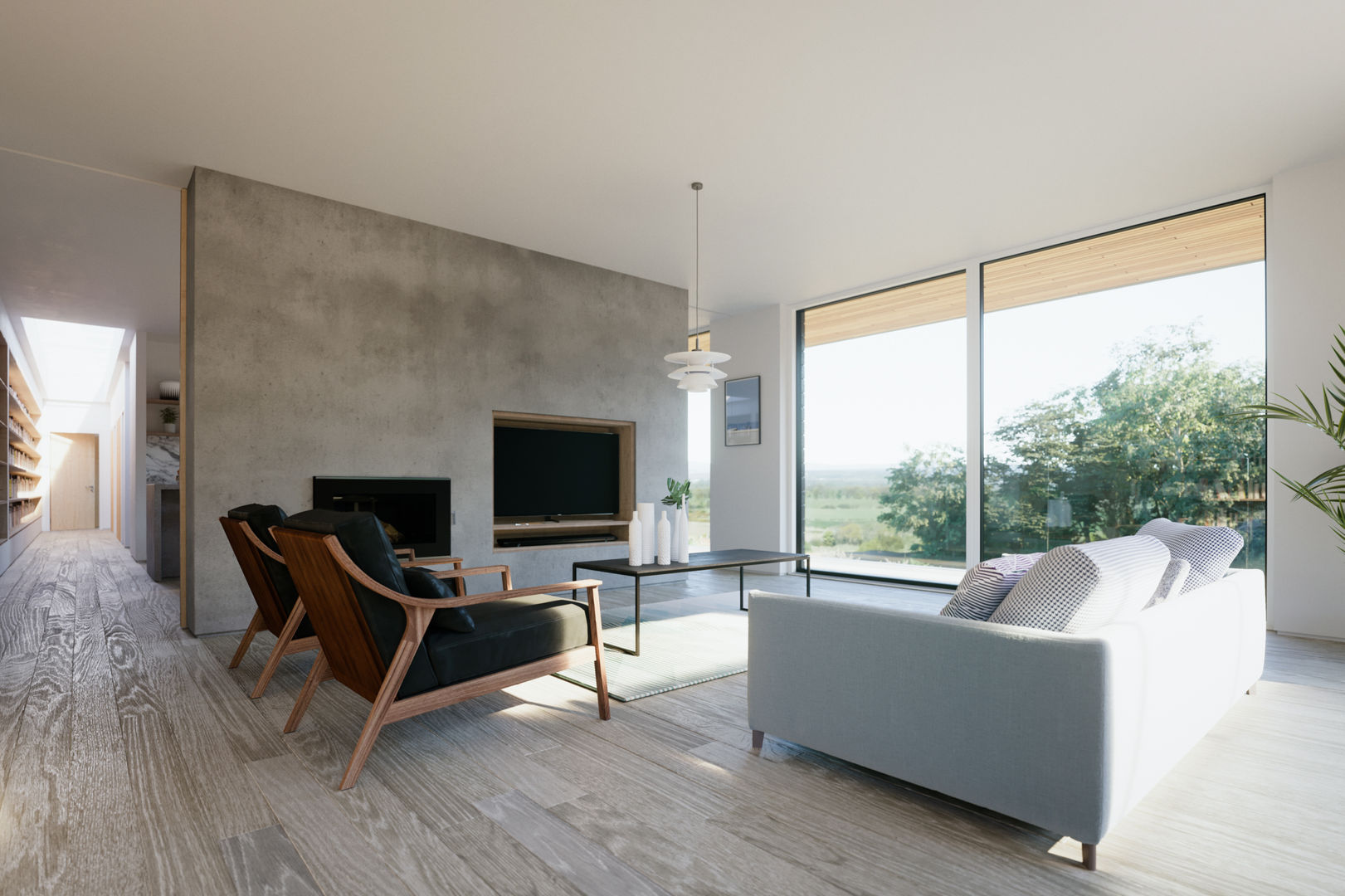 Living room open plan homify Soggiorno moderno ayrshire,contemporary,floating,glass,house,new house,scotland,stilts,timber,uk,walled garden