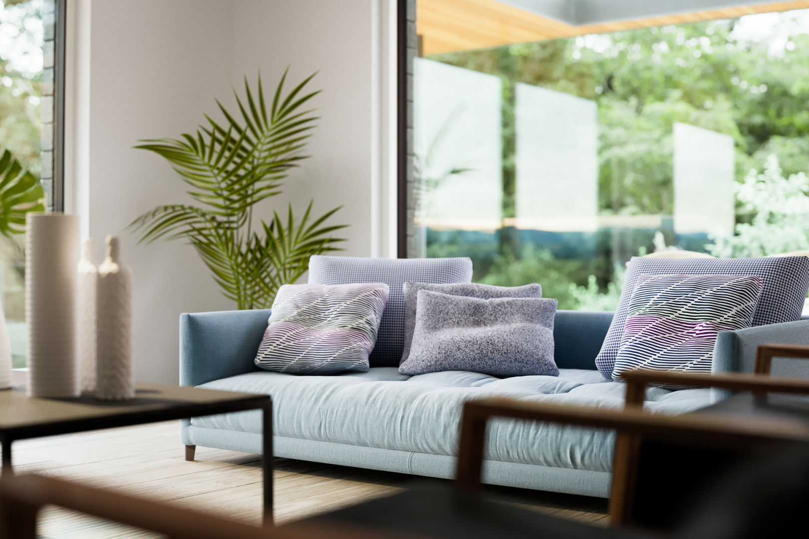 Living room sofa detail homify Ruang Keluarga Modern ayrshire,contemporary,floating,glass,house,new house,scotland,stilts,timber,uk,walled garden