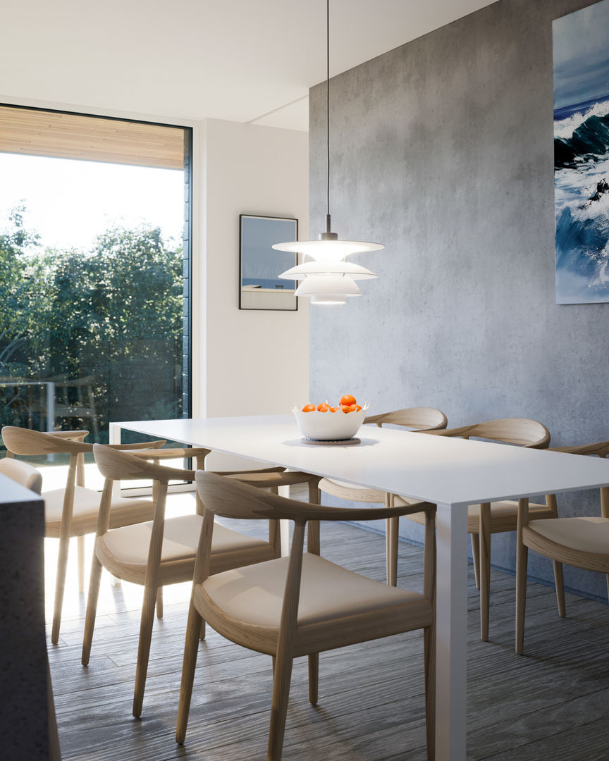 Dining space with concrete hearth wall homify Modern dining room ayrshire,contemporary,floating,glass,house,new house,scotland,stilts,timber,uk,walled garden
