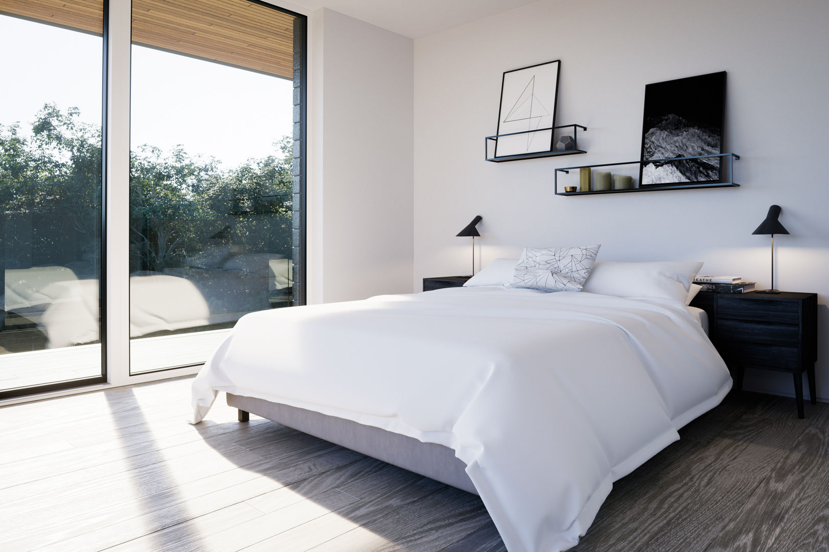 Master bedroom with glazed doors to covered deck homify Modern style bedroom ayrshire,contermporary,floating,glass,house,new house,scotland,stilts,timber,uk,walled garden