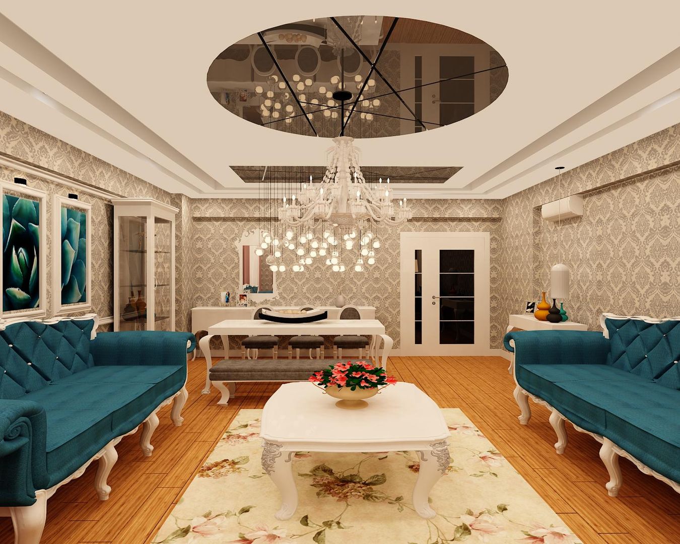 Gümüş Evi Salonu Mozeta Mimarlık Klasik Oturma Odası Ahşap Ahşap rengi mavi chester,torna ayak,klasik mobilya,avize,camlı kapı,ayna,tavan ayna,konsol,yemek masası