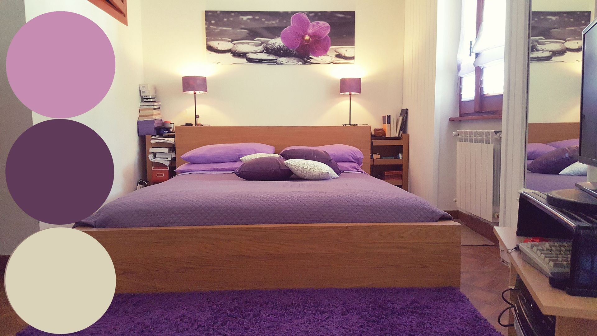 Camera lilla, viola e bianco Sublacense Home Staging Camera da letto coloniale Letti e testate