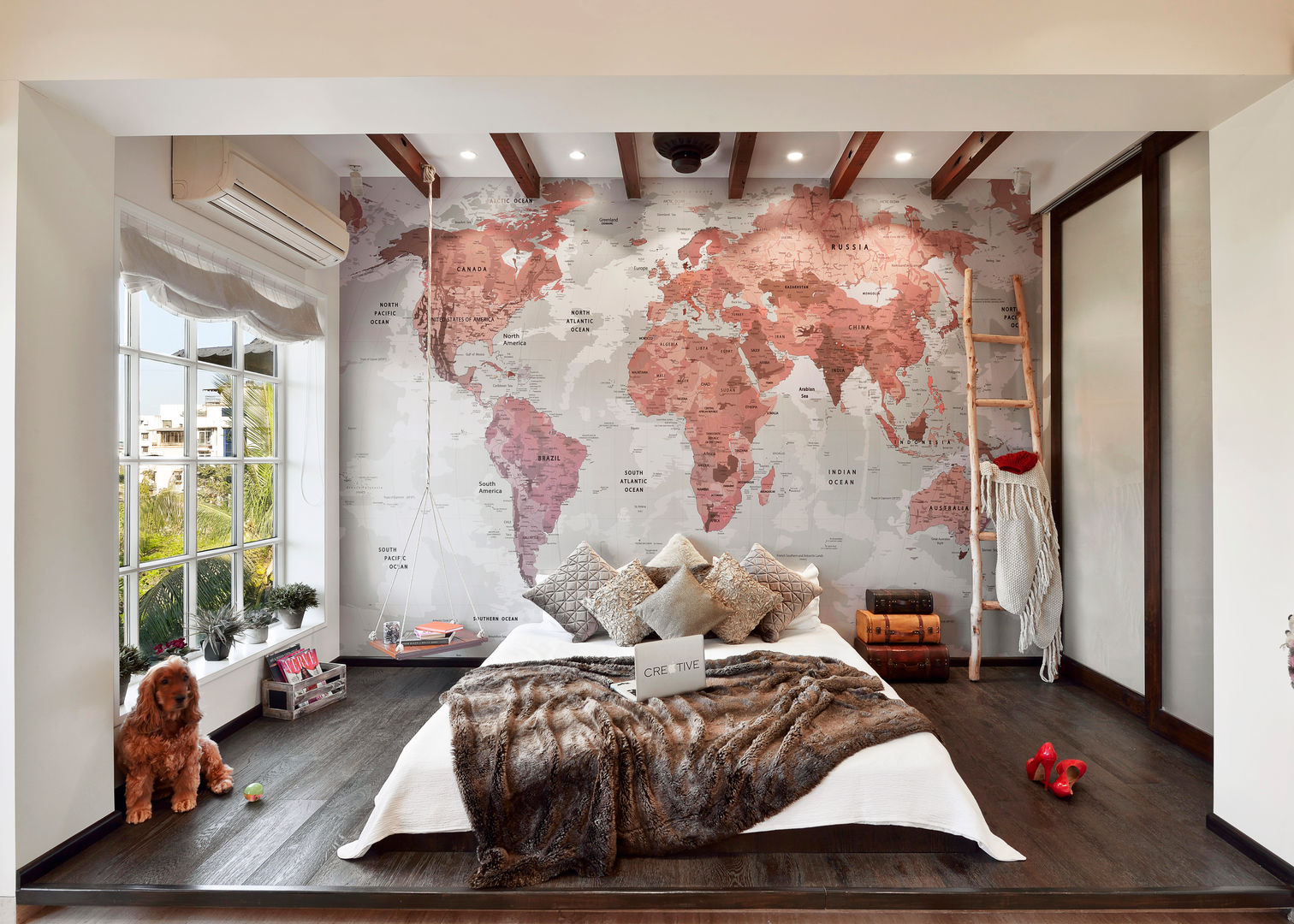 The bed SAGA Design Modern style bedroom Solid Wood Multicolored Bedroom,World map,Rafters,Wenge wood flooring