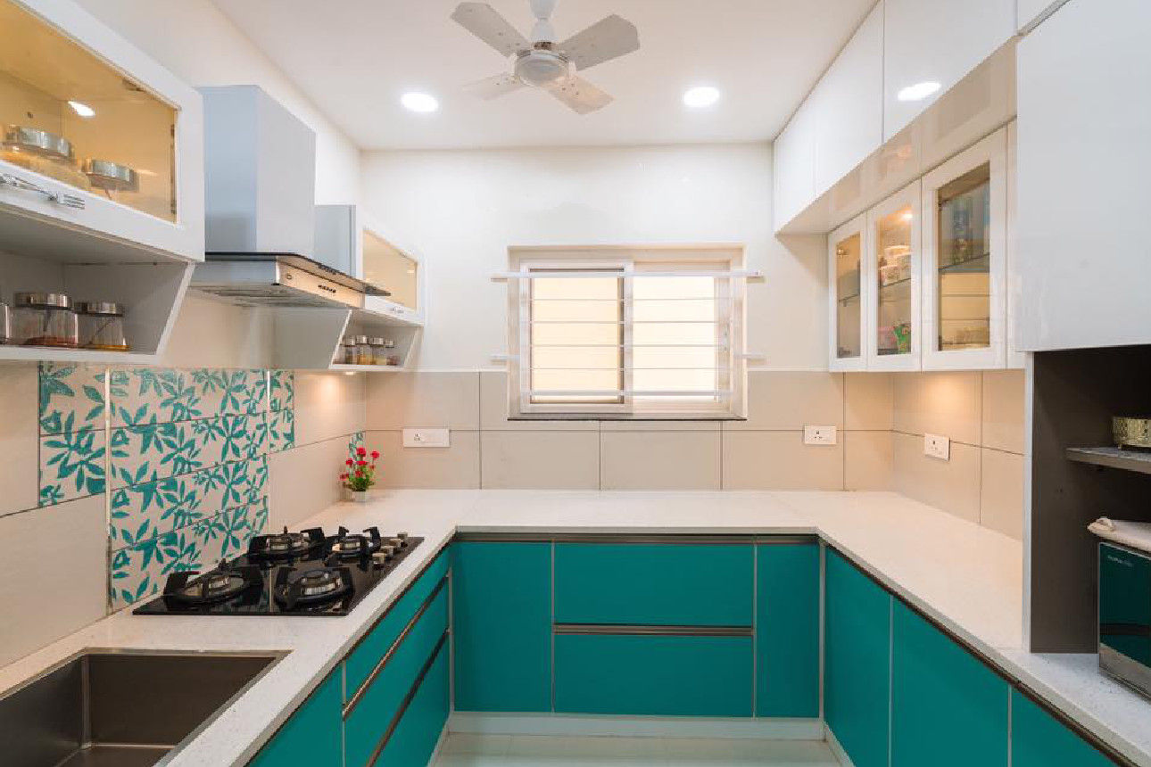 Modern kitchen in turquoise blue and white combination homify