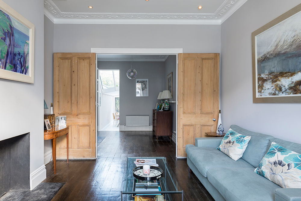 Jess & Hugo's Shepherd's Bush Renovation, Model Projects Ltd Model Projects Ltd Classic style living room wooden floors,grey walls,sofa,cosy sofa