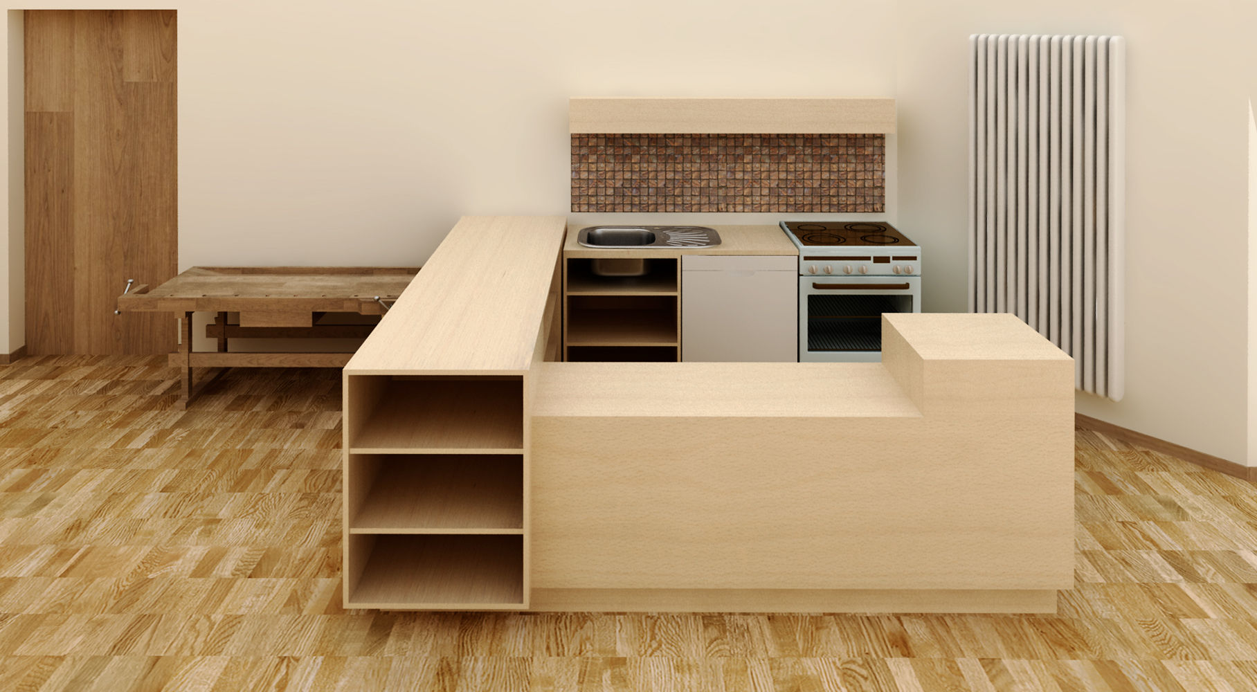 Küche, Kindergarten, 3D-Planung, renderslot renderslot Built-in kitchens Wood Wood effect
