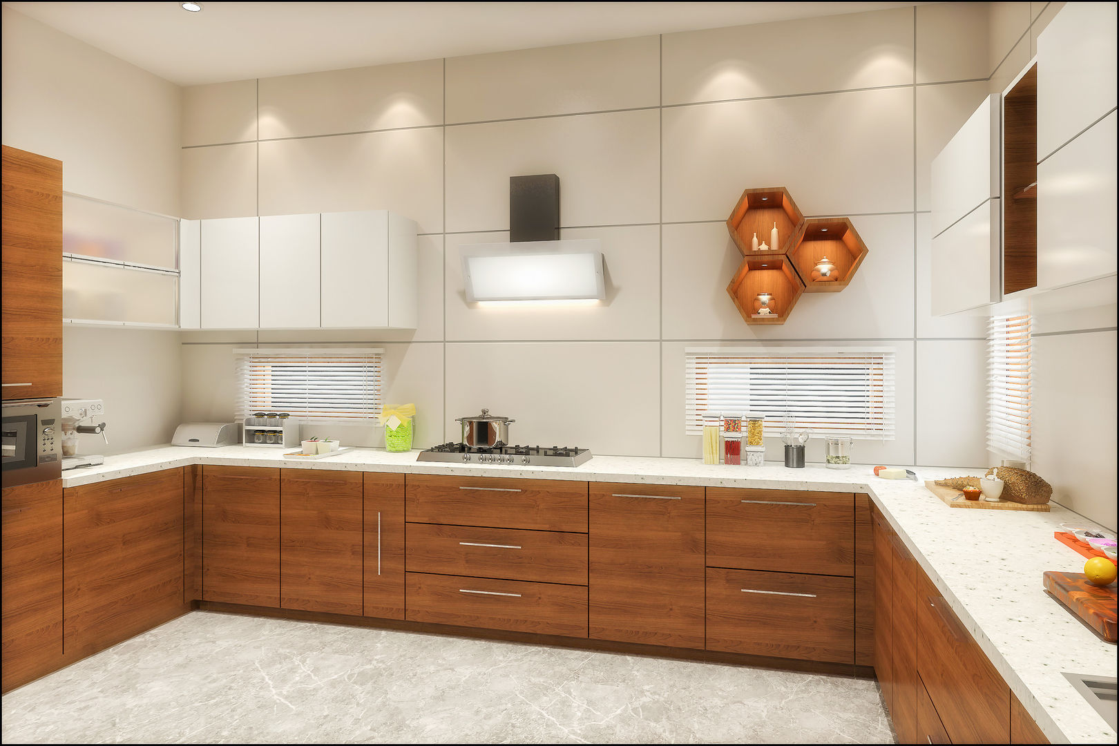 3d view of kitchen Square Design Built-in kitchens Plywood