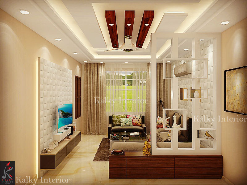 Drawing room with wooden partition homify Modern living room