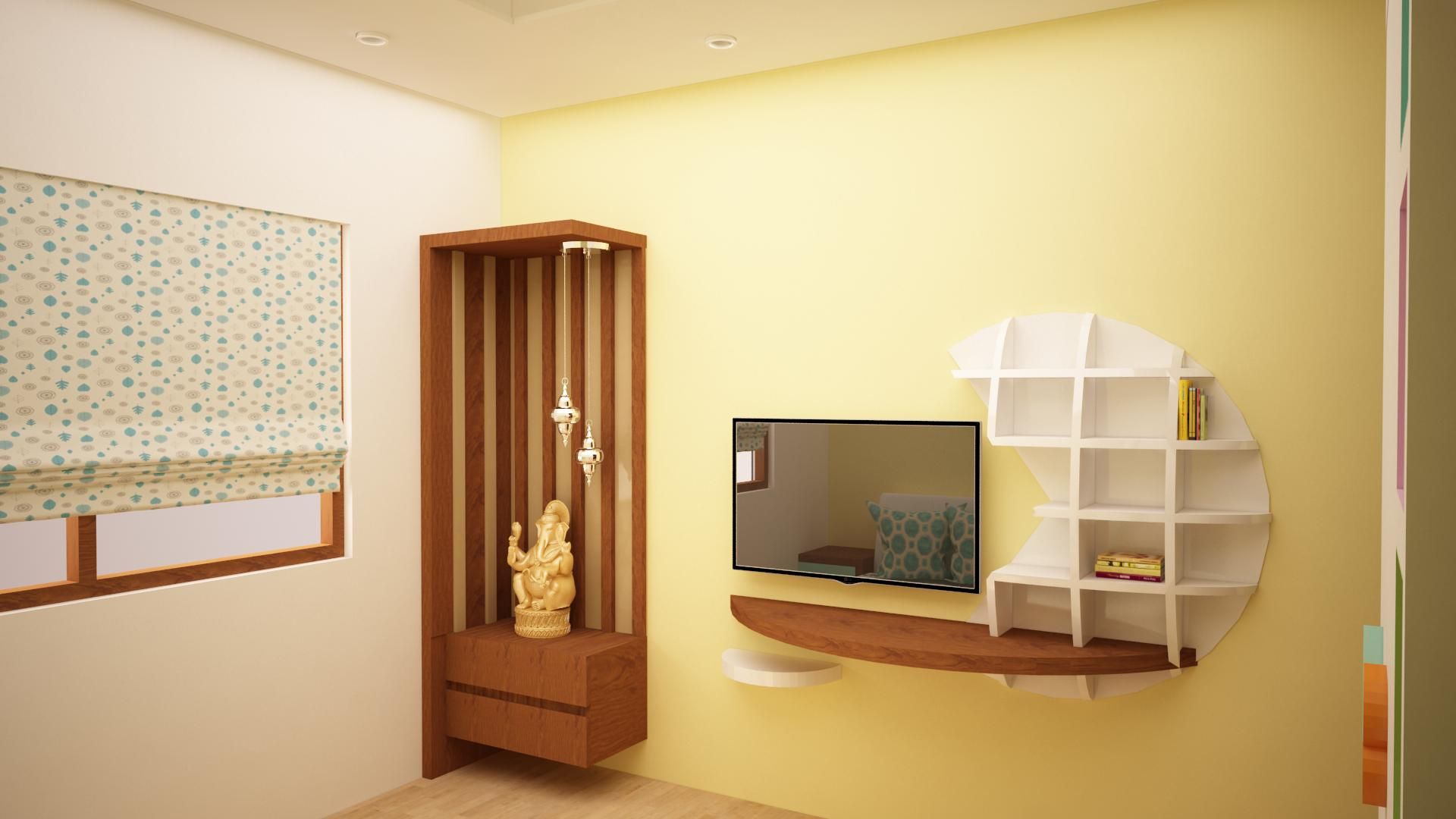 Puja and TV unit area homify Asian style walls & floors