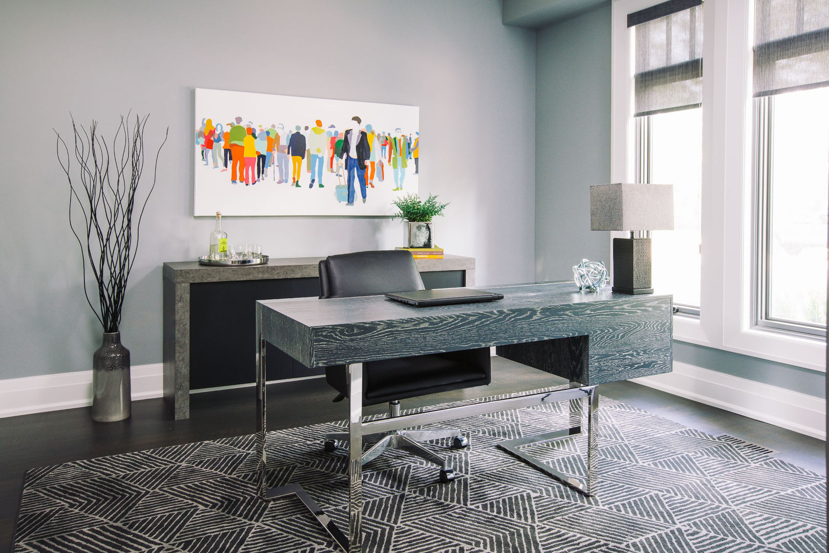 Modern Home Office Frahm Interiors Study/office office,rug,desk,art,grey
