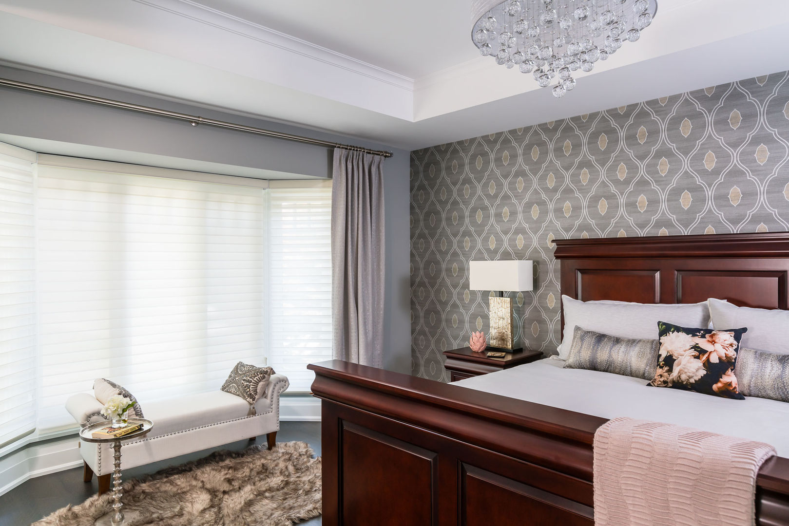 Master Bedroom Frahm Interiors Classic style bedroom wallpaper,custom drapery,grey,fur rug,bench,bay window