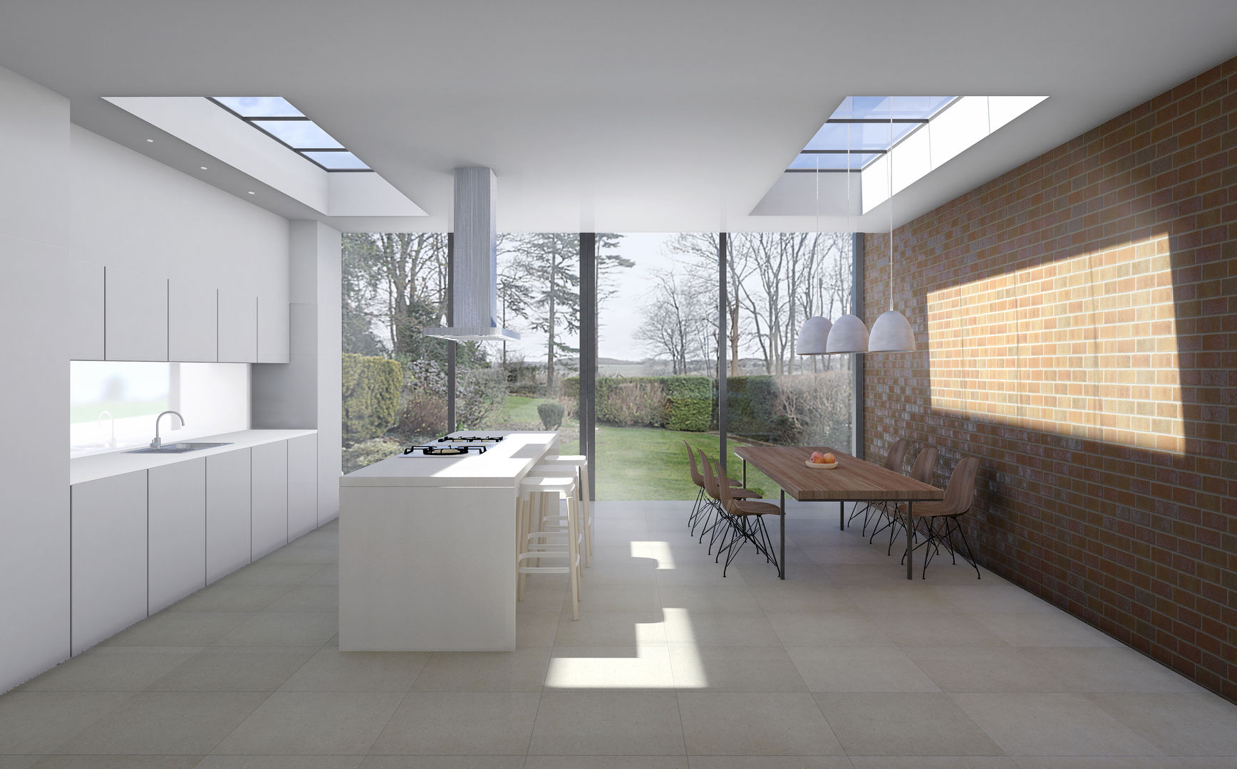 Amersham House, Studio AVC Studio AVC Kitchen exposed brick,concrete flooring,grey,white kitchen,sliding door,skylights,glass facade,glass,open space kitchen