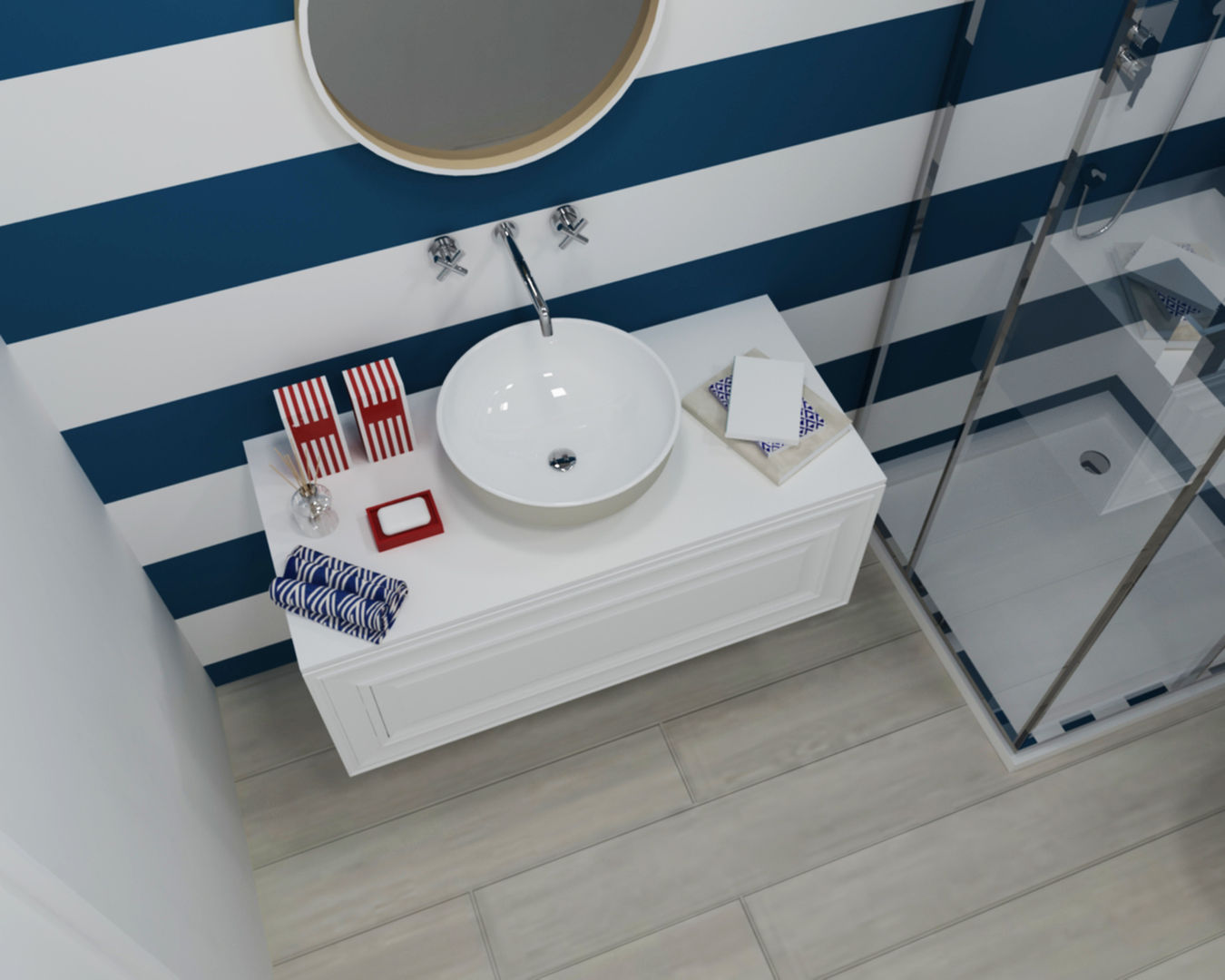 Ambientes 3D de casas de banho Smile Bath, Smile Bath S.A. Smile Bath S.A. Casas de banho modernas móvel comfy,lavatório open bege,torneira lisa parede,móvel suspenso,lacado,branco,azul,chão madeira,torneira parede