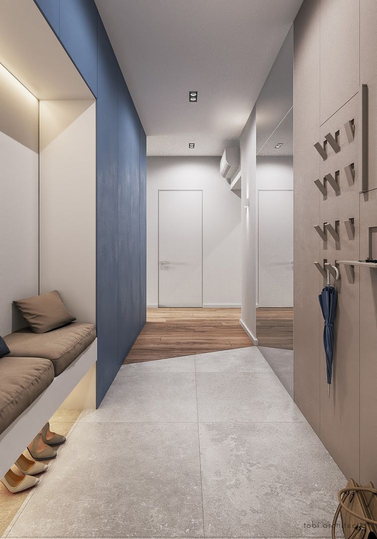 LIGHT AND BLUE Tobi Architects Minimalist corridor, hallway & stairs