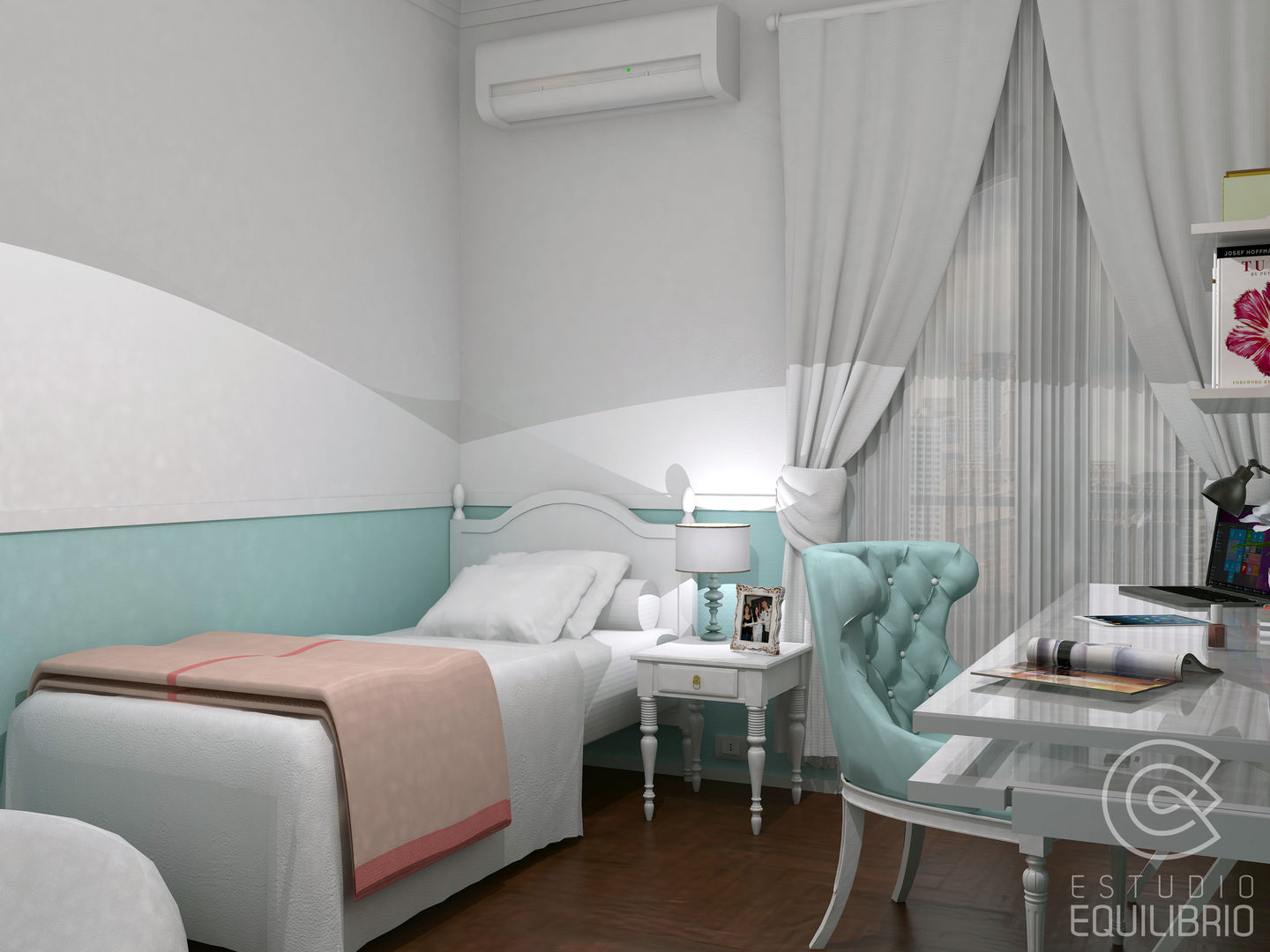 Proyecto Habitación Florencia Estudio Equilibrio Dormitorios clásicos shabby chic,femenina,mujer,habitacion,dormitorio,cuarto,cortinado,muebles,colores