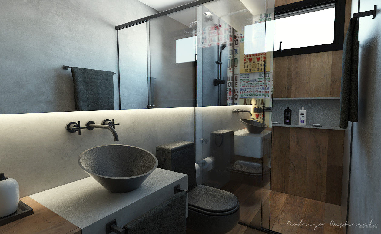 Banheiro Social - Loft Residencial Rodrigo Westerich - Design de Interiores Casas de banho ecléticas Betão