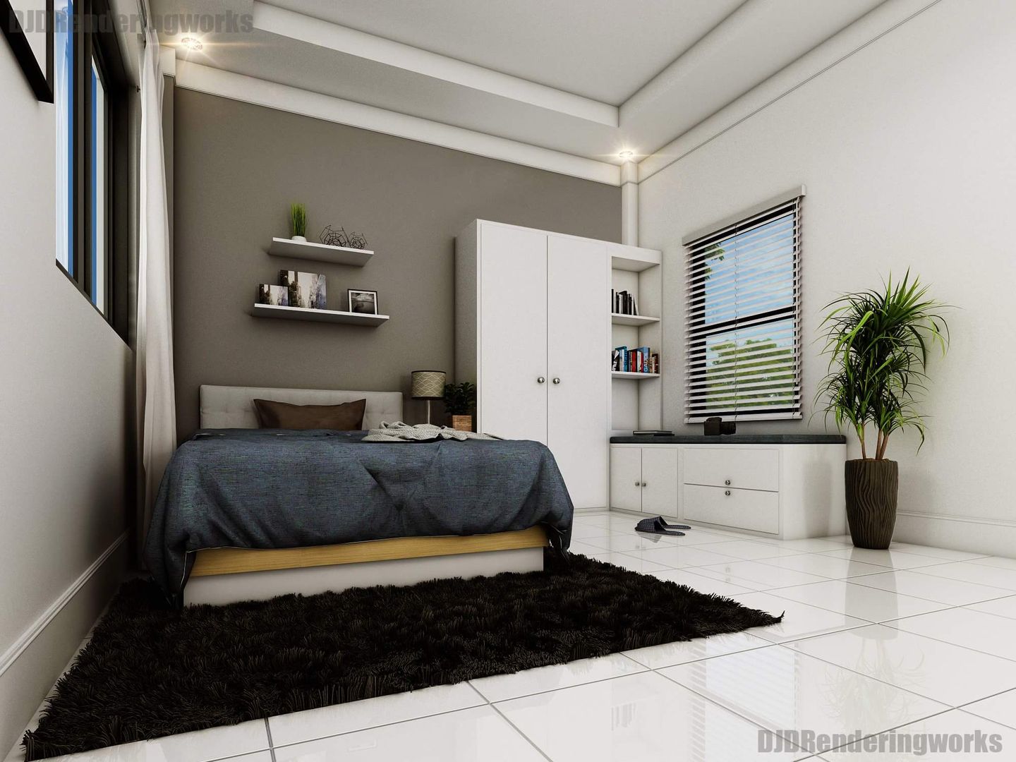 Modern Bedroom with window seater DJD Visualization and Rendering Services Modern style bedroom