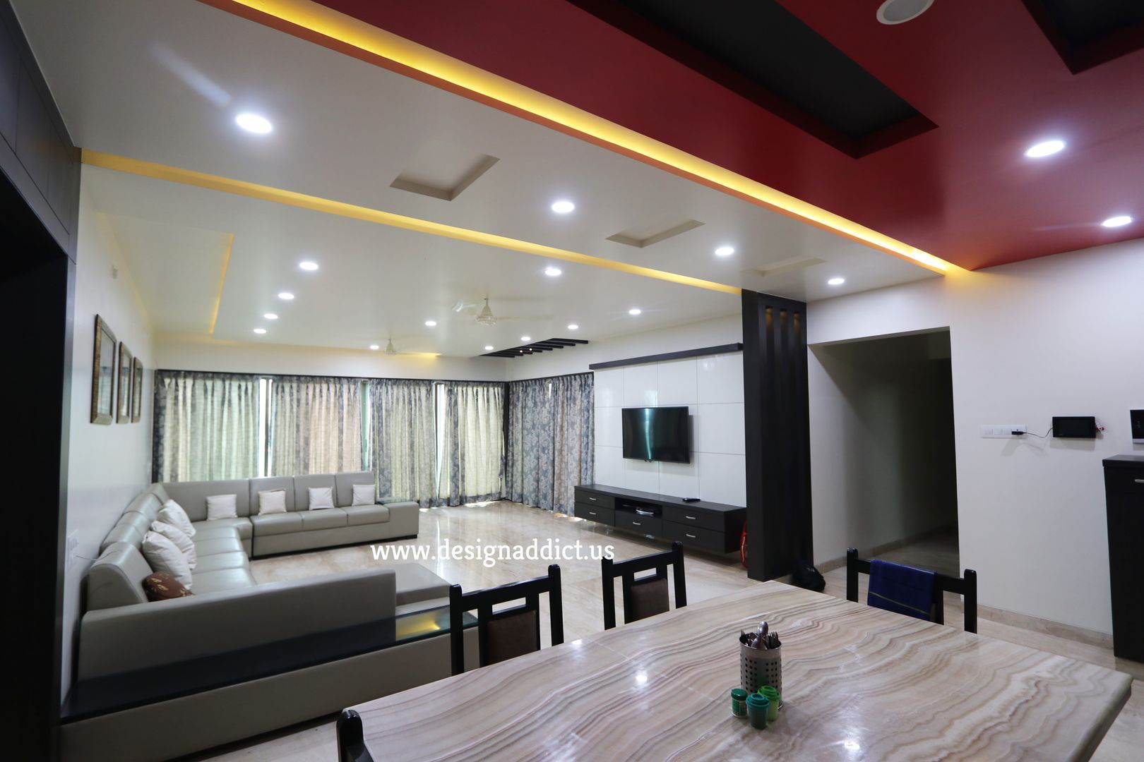 Total Interior design work in Wakad, Pune, Designaddict Designaddict Salas de estar modernas Mármore