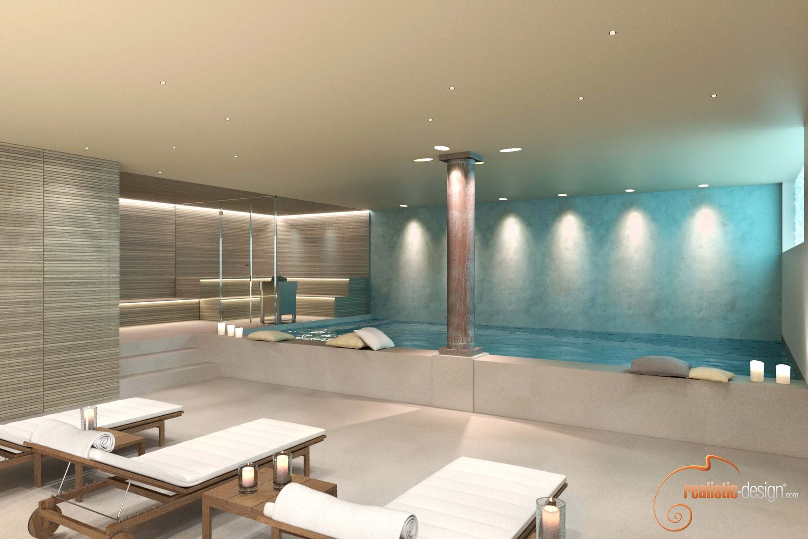 Proyectos 3D de spas, gimnasios y bañeras de hidromasaje, Realistic-design Realistic-design Saunas