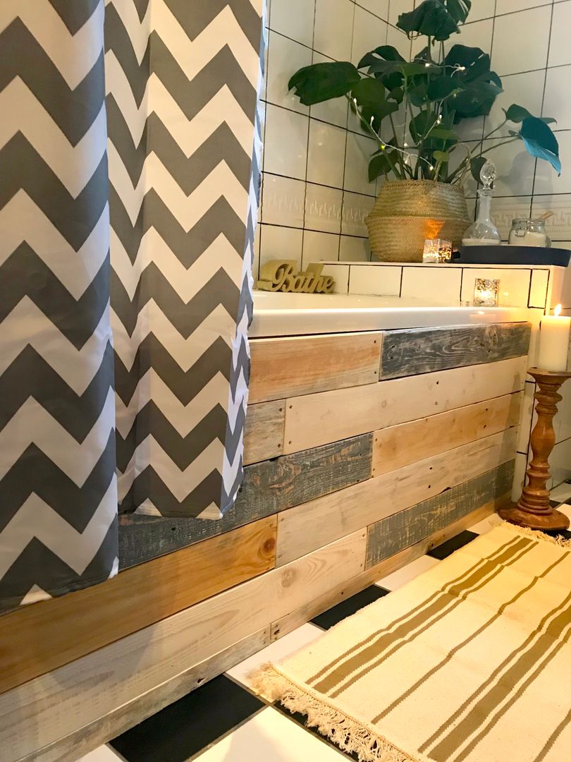 Budget Family Bathroom Makeover Design Little Mill House Salle de bain rustique shower curtain,bath panel,reclaimed wood,pallet wood,grey walls,painted tiles,natural rug,small bathroom,modern rustic,industrial,vintage,eco design