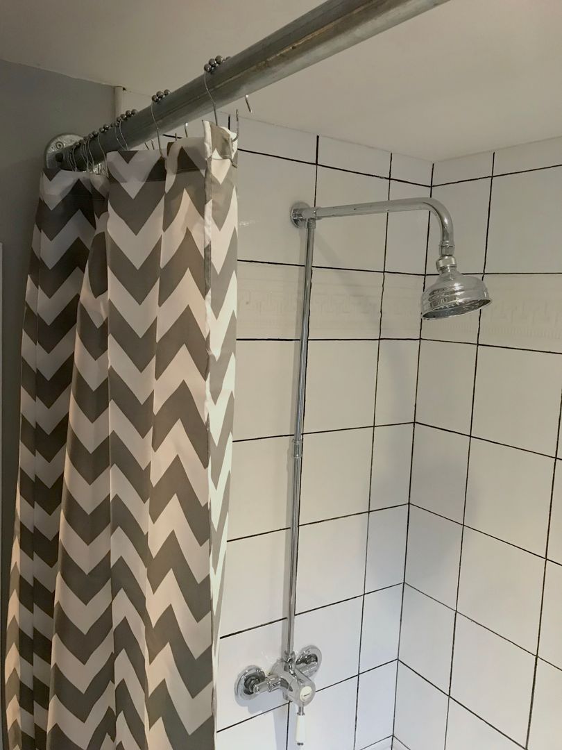 Budget Family Bathroom Makeover Design Little Mill House Industrial style bathroom traditional,industrial,grey,small bathroom,family bathroom,makeover,budget,affordable,shower curtain,curtain pole,shower,tile paint