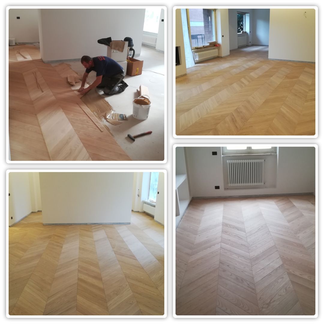 Posa in opera a spina ungherese di parquet prefinito, Soloparquet Srl Soloparquet Srl Living room Wood Wood effect