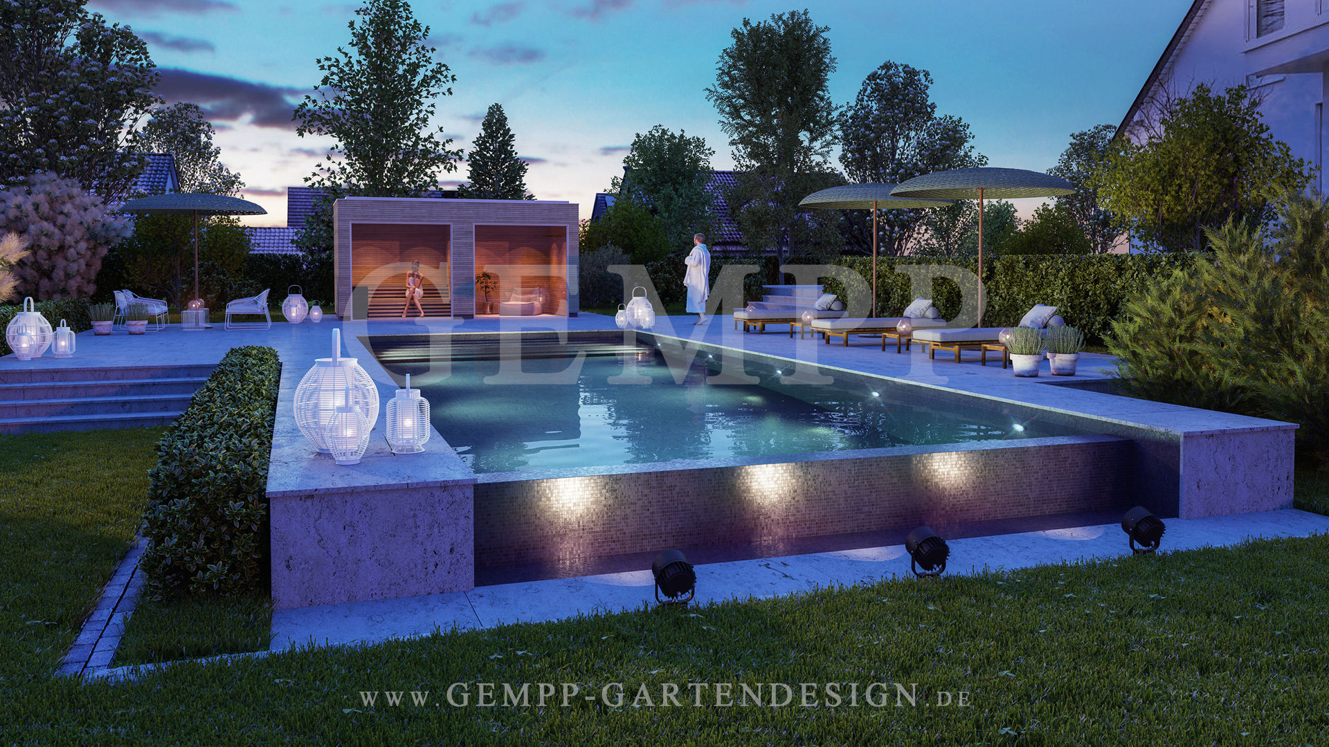 Moderne Gartengestaltung mit Pool, Gartensauna und Designgartenmöbeln, GEMPP GARTENDESIGN - Gartenplanung Gartengestaltung Landschaftsbau GEMPP GARTENDESIGN - Gartenplanung Gartengestaltung Landschaftsbau Moderne tuinen