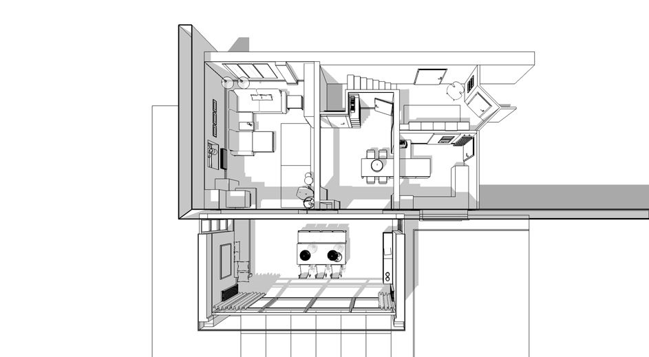 Wohnzimmer mit Kamin und Küche - Grundriss 3D: modern von homify,Modern Kamin,Wohnzimmer,Esszimmer,Küche,Wohnküche,Anbau,Esstisch,Sofa,offener Grundriss