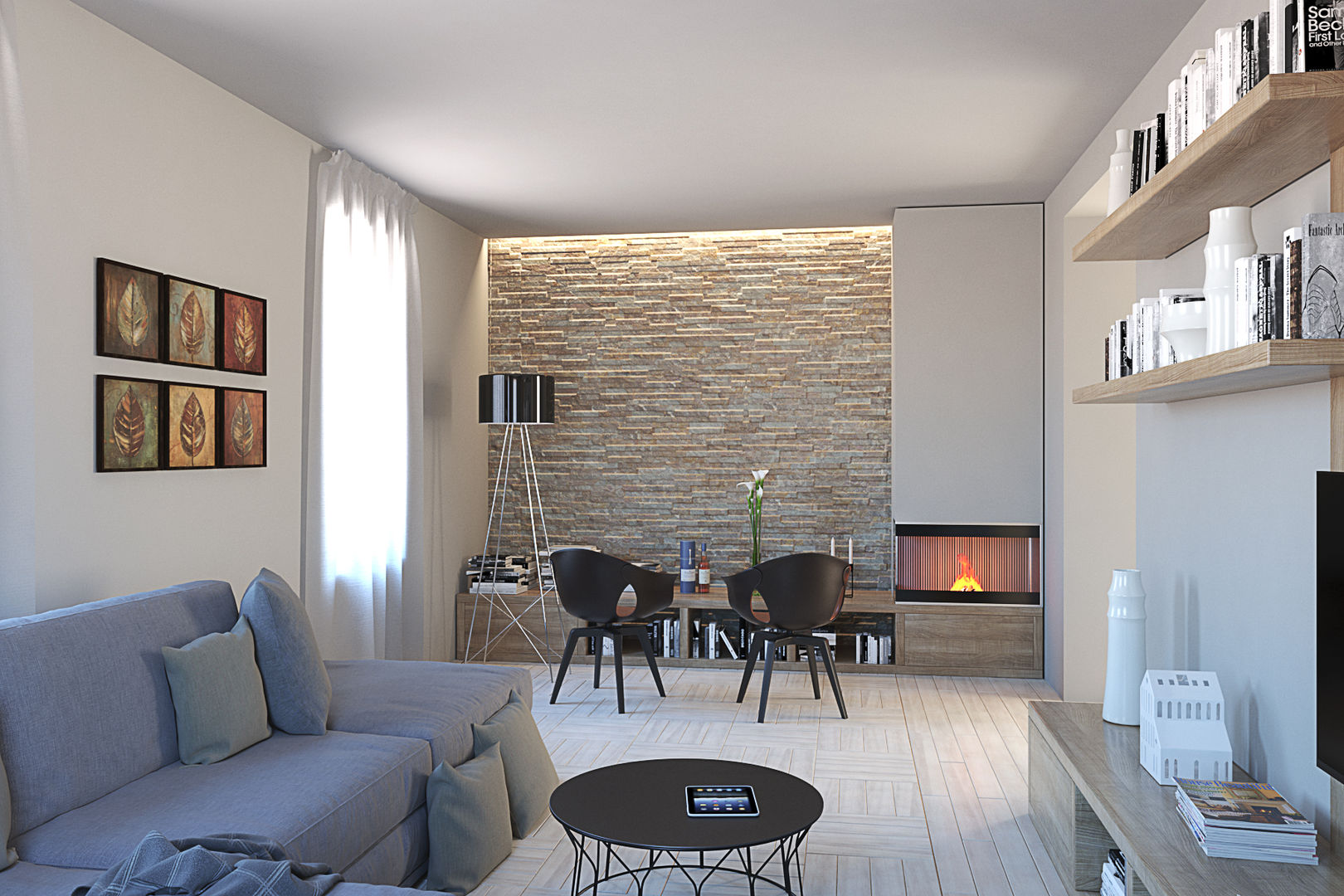 L'angolo stufa in soggiorno 3d-arch Soggiorno moderno soggiorno,living,parete,pietra,stufa,camino,pavimento,divano