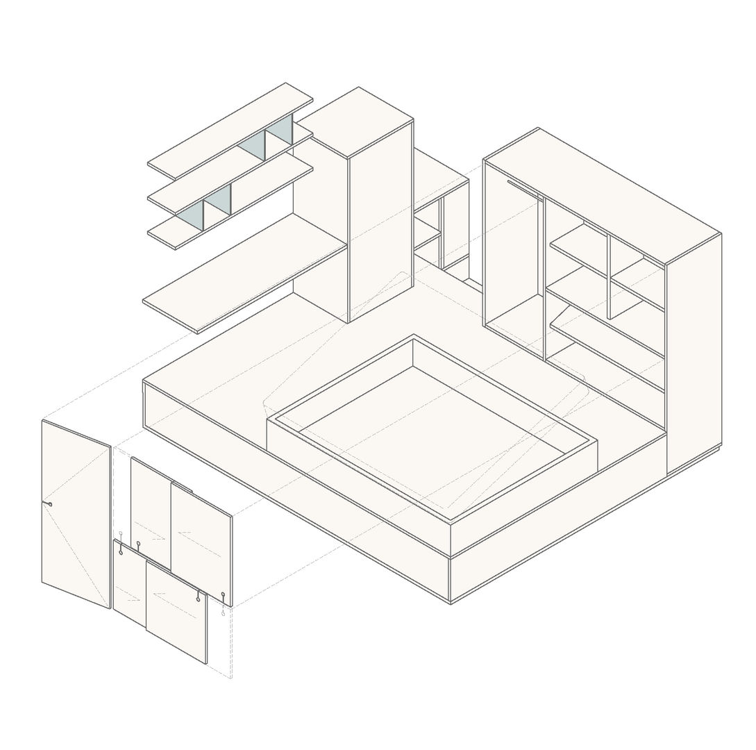 Esploso assonometrico dell'arredo lato zona notte homify