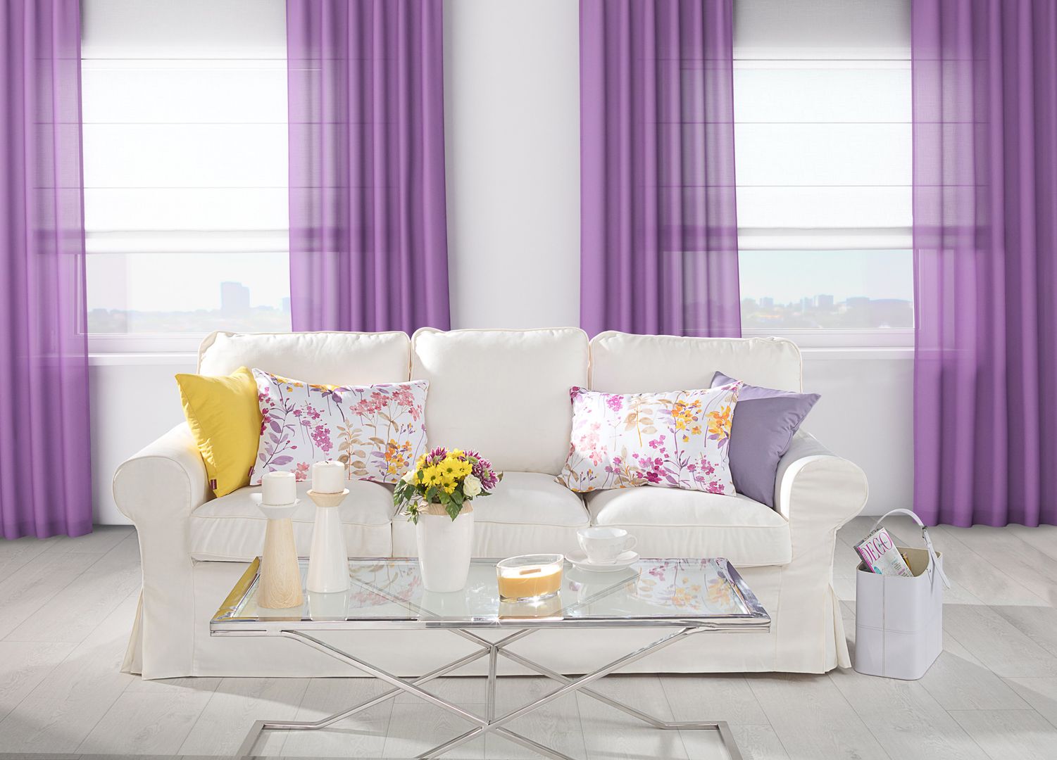 Redesign: Modern Shabby Chic Ultraviolet Living Room Dekoria.co.uk Salon rustique Textile Ambre/Or Accessoires & décorations
